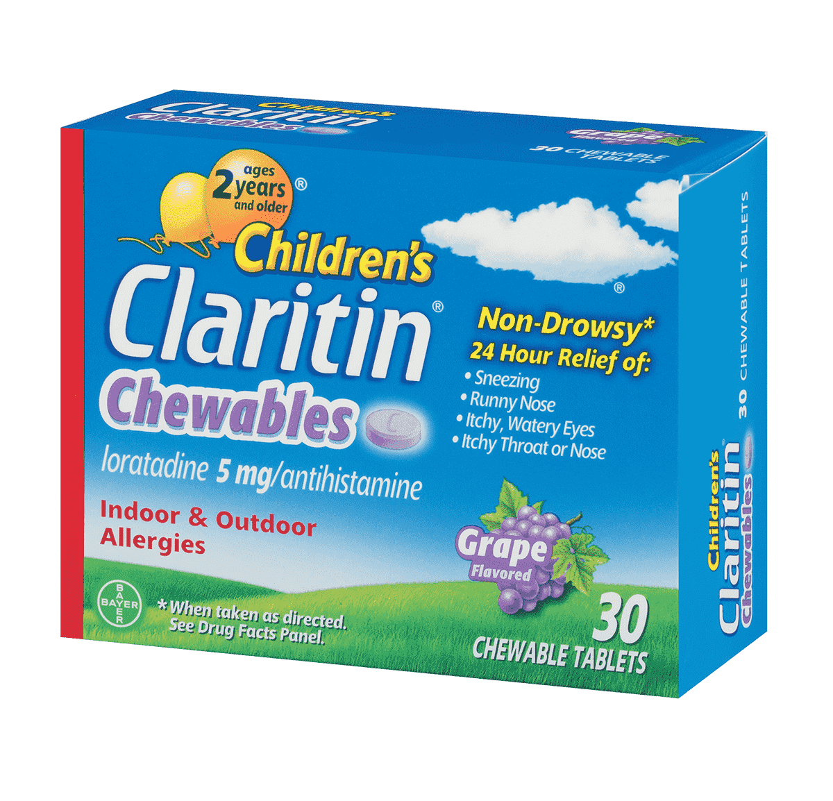 angled view of children’s Claritin grape flavored chewables 24 hour  packaging