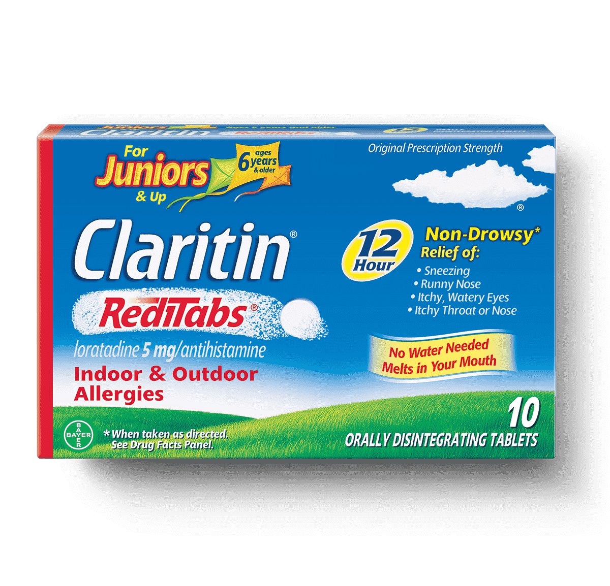 front view of Claritin rediTabs for juniors 12-Hour package