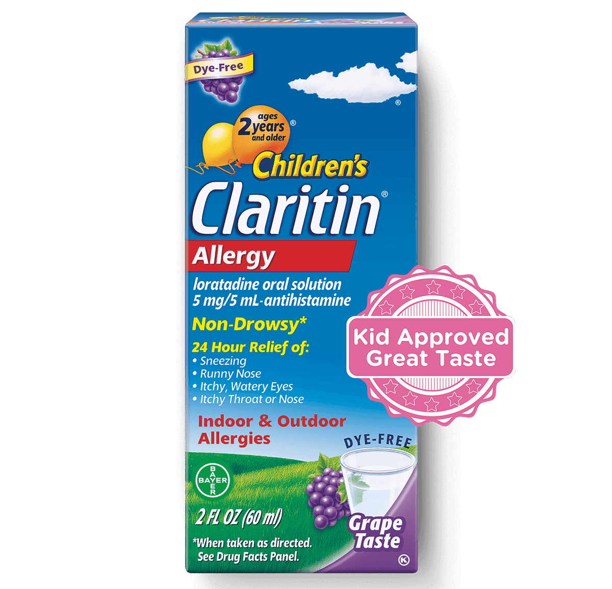 front view of a box of children’s Claritin 24 hour grape syrup